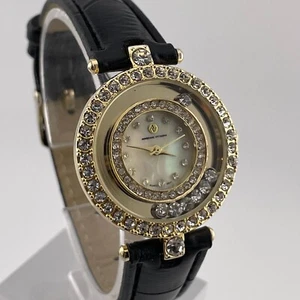 Adrienne Vittadini Watch Womens 32mm Case Black Band Pearl Look Dial Gem Set - Picture 1 of 13