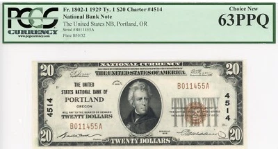 1929 type 1 Portland, OR U.S. NB of Portland $20 note CH#4514 PCGS 63PPQ - Image 1 of 2
