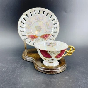 Vtg Japan Nippon Yoko Boeki Lusterware Teacup & Reticulated Saucer Clover Wreath - Picture 1 of 8