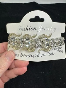 Bracelet w Safety Chain Rhinestone & Navette Glass FO Clasp Vintage  M-7076 - Picture 1 of 3