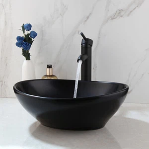 FA Black Porcelain Ceramic Basin Bathroom Vessel Sink With Mixer Black Faucet - Picture 1 of 9
