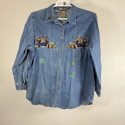 Винтажная женская рубашка Just My Size из джинсовой ткани 18W-20W с вышивкой на пуговицах осень урожай - Изображение 1 из 4