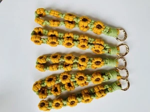Macrame Keychain Sunflower Handmade Wrist Lanyard Boho Keyring Phone Holder - Picture 1 of 6