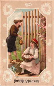 Happy Birthday Boy and Girl with Eggs & a Chick Embossed Vintage Postcard B272 - Picture 1 of 2