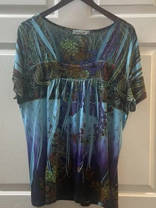 Top Unity World Wear para mujer 1X azul púrpura manga corta cuello cuadrado, boho hippie - Imagen 1 de 17