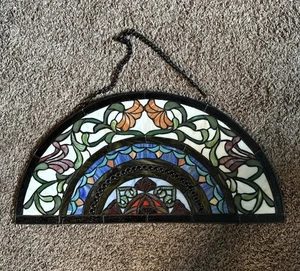 Vintage Tiffany Style Stained Glass Window Panel Demi Lune Half Moon Victorian - Picture 1 of 10