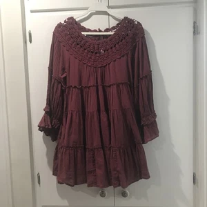 Free People Elora Crochet Neckline Tiered Mini Dress Or Tunic S Cotton - Picture 1 of 11