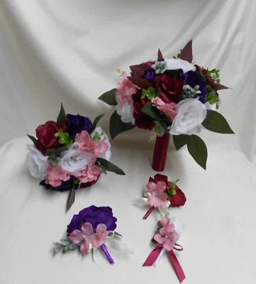Wedding Silk Flower Bridal Bouquets Package White Purple Burgundy Dusty Rose - Image 1 of 4