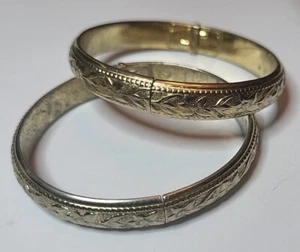 Lot Of 2 Vintage Gold Tone Hinged Clamp Bangle Bracelets Whiting and Davis Worn - Picture 1 of 16