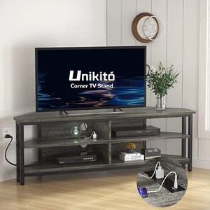 Corner TV Stand with Power Outlet, Corner Entertainment Center Media TV Console - Picture 1 of 6