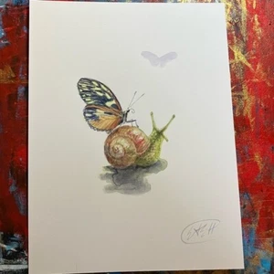 Original Painting Snail butterfly watercolor art home decor nature Artettina USA - Picture 1 of 5