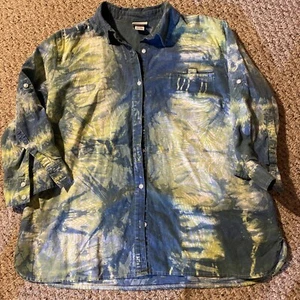 Jaclyn Smith Womens Linen Cotton Blend Blue Tye-Dye Button Down Shirt Blouse - Picture 1 of 5