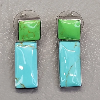 Pendientes colgantes perforados de plata de ley vidrio verde azul artesanal 1,25" Foto 1 de 4