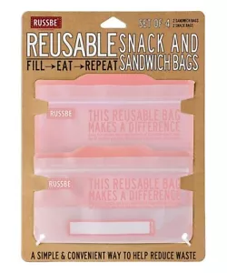 Russbe Lunch Systems, Reusable Snack and Sandwich Bags, Set of 4- Pink Statement - Picture 1 of 3