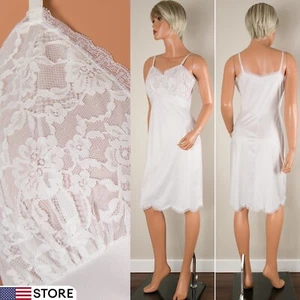 💖 Vintage 1960s VANITY FAIR White Full Slip Skirt Silky Nylon Lace Bodice Sz 34 - Picture 1 of 12
