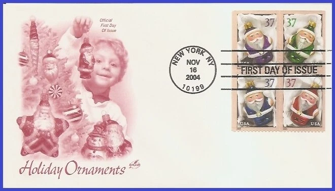 USA5 #3886b U/A ARTCRAFT FDC BL4 adorno rojo de Santa Foto 1 de 1
