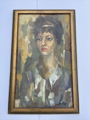 PINTURA DE MEIO SÉCULO RETRATO MULHER BONITA MODELO FEMININA LISTADA DON RUFFIN ASSINADO - Imagem 1 de 4