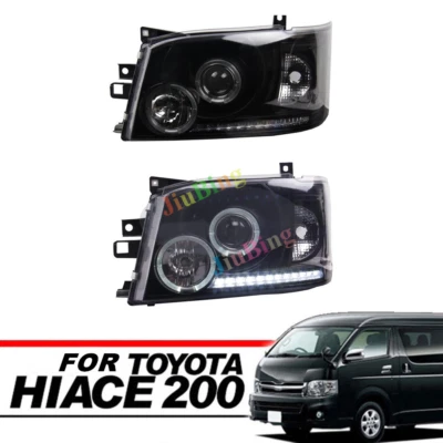 👍2005-2009 For Toyota Hiace 200 Van Black Lens White Angel-eye LED Head Lights - Изображение 1 из 4
