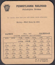 Pennsylvania RR Philadelphia Division Engine Service Dept Safety Calendar 5 1951