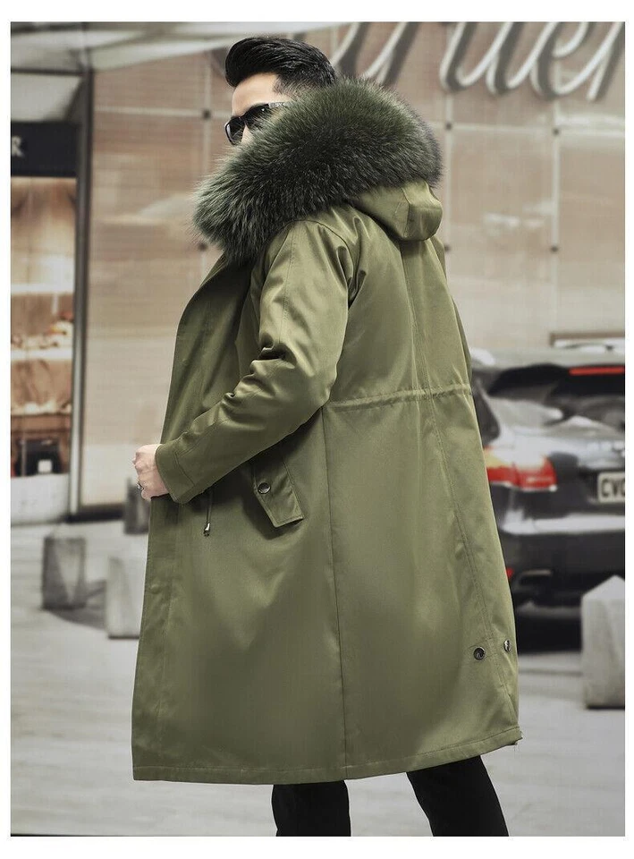 Men Real Raccoon Fur Lined Parka Jacket Winter Warm Hooded Thicken Coat Overcoat - Image 1 of 4