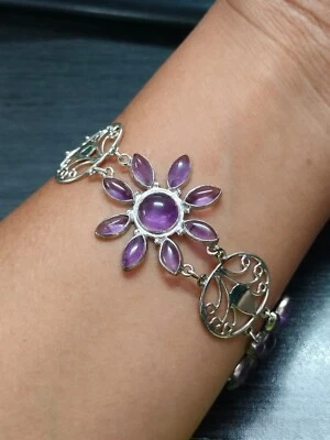 Amethyst Gemstone Sterling Silver Floral Bracelet Victorian Look Jewelry 8.6inch - Image 1 of 4