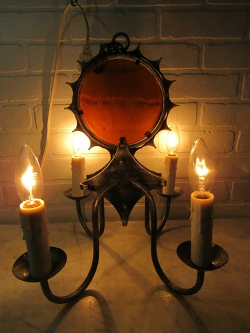 Vintage BRUTALIST Iron Chandelier Medieval Gothic SUN MOON W/2 Sconce Light Cover