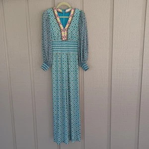 Alice And Olivia Reba Print Crepe Jumpsuit Size 2 Women Smock Waist Long Sleeve - Picture 1 of 15