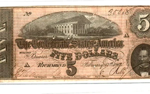 $5 "CONFEDERATE" (BLUEBACK) "1800'S" $5 RARE "BLUEBACK" $5 "CONFEDERATE" CRISPY - Picture 1 of 3