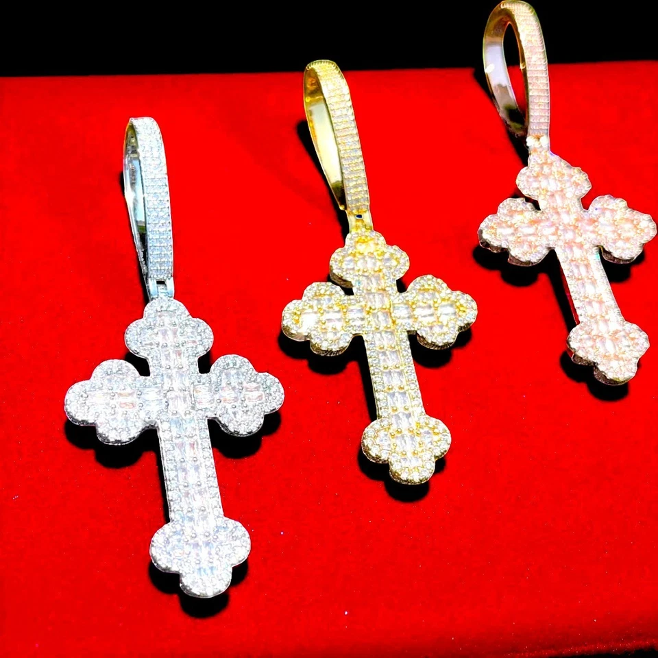 Colgante Cruz Trébol Helado Baguette Para Hombres con Cadena de Eslabones-Collar Bling Hip Hop Foto 1 de 3