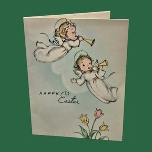 Marjorie Cooper Ostern zwei Cherub Engel spielen Trompeten Vintage Rost Bastelkarte - Bild 1 von 9