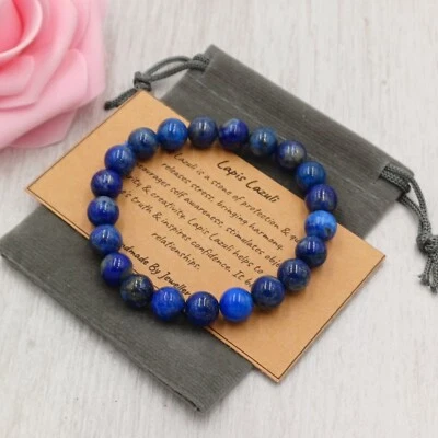 LAPIS LAZULI Bracelet Stretch Fit Handmade +Gift Bag & Card Gemstone 4/6/8mm - Image 1 of 4
