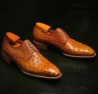 Novo Sapato Masculino de Couro de Avestruz Derby Bronzeado Masculino Luxo Vestido de Festa de Casamento - Imagem 1 de 4