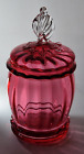 ANTIQUE BARREL SHAPED CRANBERRY GLASS COVERED JAR - RED OPTIC GLASS 17cm