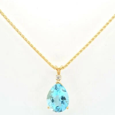 Collar de piedras preciosas con colgante de diamantes de topacio azul suizo talla pera de oro amarillo de 18 quilates de 18" Foto 1 de 4