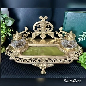 Antique French Bronze Ink Well / Encrier Victorian Crystal pots Lion Paw Marble - Imagen 1 de 11