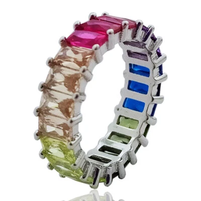 Anello veretta con zirconi rettangolari multicolor mm 6,5 in argento 925 rodiato - Immagine 1 di 2