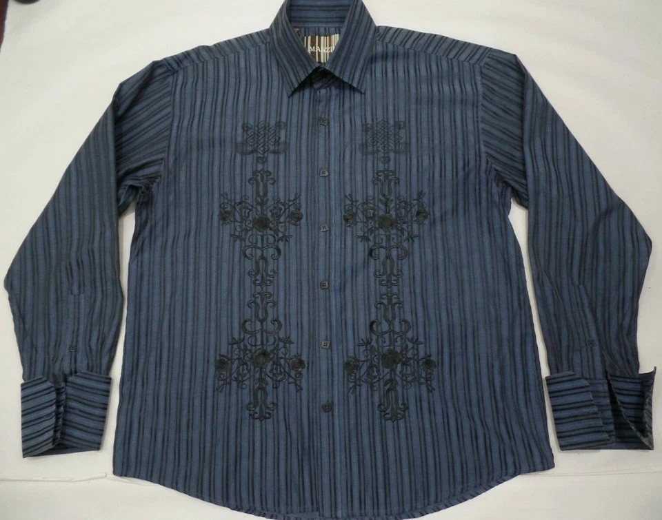 Manzini  Men's Size 2XL Button Front Shirt Striped Embroidered French cuffs  - Image 1 of 4