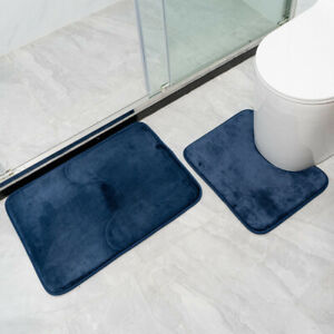 2pcs Bathroom Mat Set Non-Slip Soft Flannel Shower Mat Contour Toilet Lid Cover