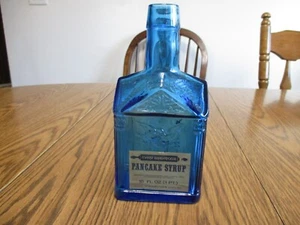 BLUE COLBALT GLASS BOTTLE MARY WHEATONS PANCAKE SYRUP 1775 PAUL REVERE ON BACK - Picture 1 of 8
