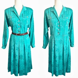 Vintage 80s Leslie Fay Teal Floral Embossed Jacquard Satin Pleated Shirt Dress - Picture 1 of 18