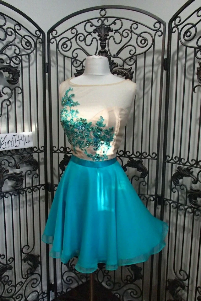 G2063) VESTIDO DE FIESTA RACHEL ALLAN 2779 AQUA $259 TALLA 12 CÓCTEL GRADUACIÓN Foto 1 de 4