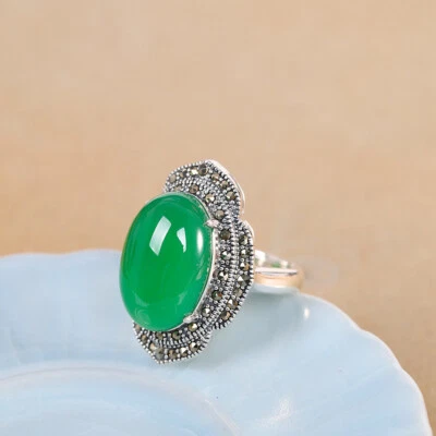I03 Anello Romantico Ovale Verde Calcedonio Marcasite Argento 925 Regolabile - Immagine 1 di 4