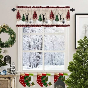 Farmhouse Christmas Valance Kitchen Curtains for Windows, Rustic Plaid Christmas - Picture 1 of 24