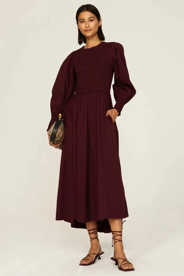 APIECE APART Altro Cotton Long Balloon Sleeve Maxi Dress Smocked Maroon Size M - Image 1 of 4