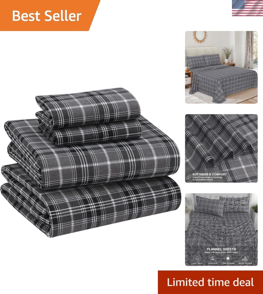 Flannel Sheets Queen Deep Pocket Warm Bed Sheet Set Grey Plaid 4 Pcs RUVANTI