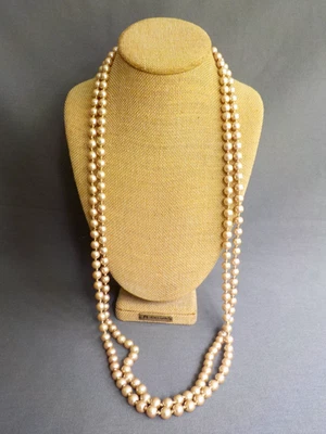 Faux Pearl Glass Necklace Long Single Strand Light Brown Knotted Coated - Image 1 of 4