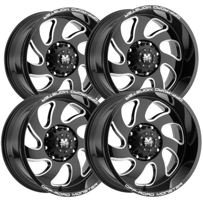 (Set-4) Off-Road Monster M07 22x12 5x5" -44mm Black/Milled Wheels Rims 22" Inch - Image 1 of 4