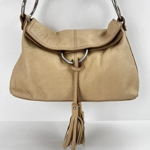 ALFANI Leather Shoulder Purse Tan Hobo Bag Tassel Silver Rings Boho Western - Picture 1 of 24