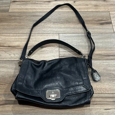 Cole Haan Black Leather Shoulder Bag Purse Crossbody Strap Purple Interior Chain - Image 1 of 4