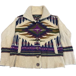 Eddie Bauer Hand Knit Shawl Cardigan Sweater L Aztec Southwest Wool Alpaca - Picture 1 of 11